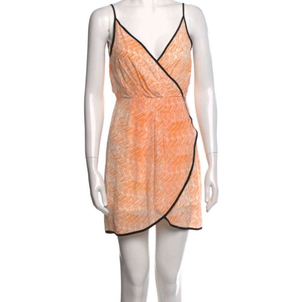 Line and Dot/silk peach Wrap Dress with Black Trim/open back